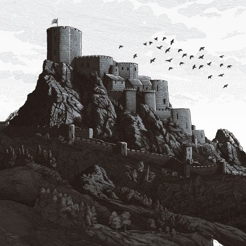Castle illustration by Studio Duco with birds and a flag