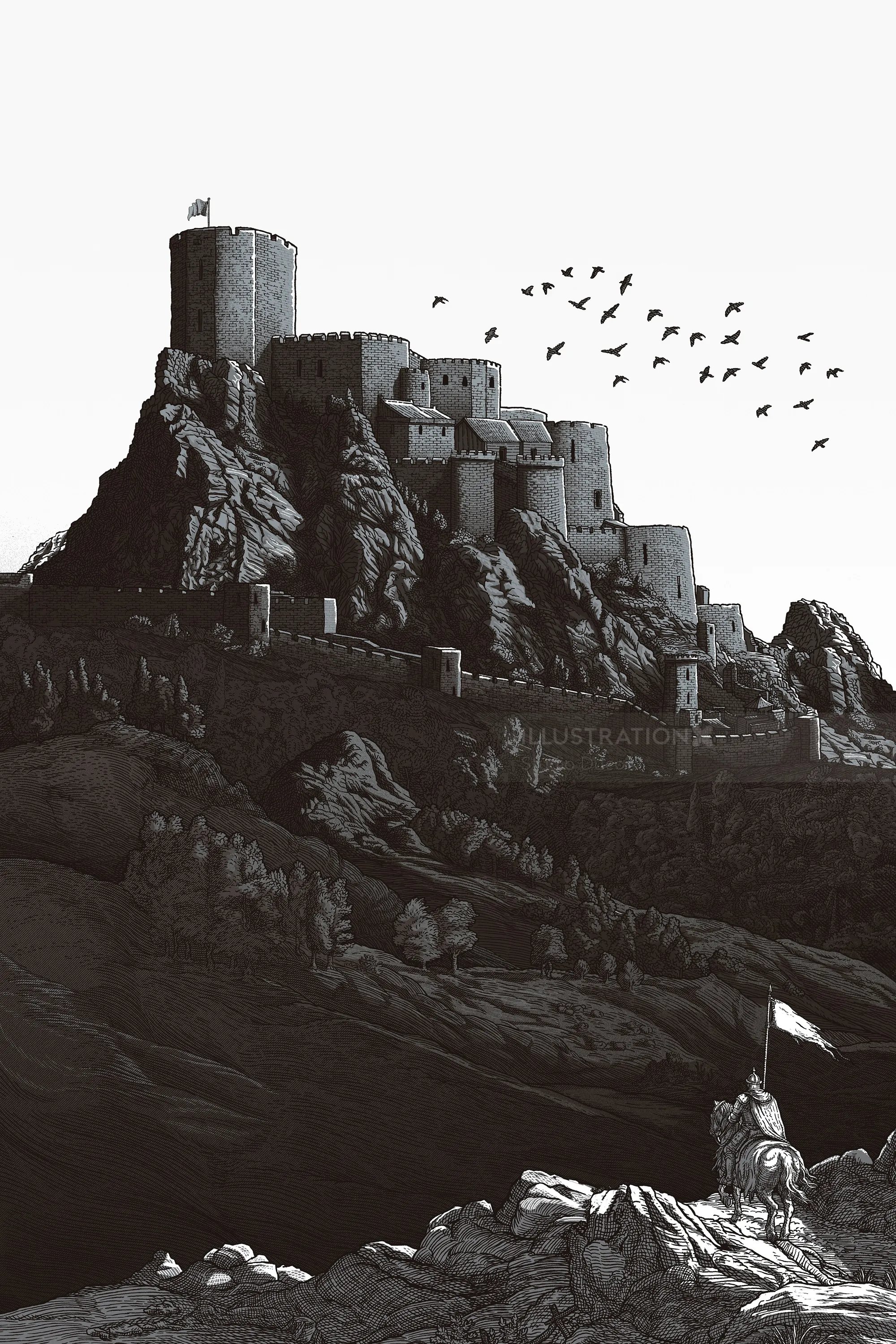 Illustration d'un château par Studio Duco avec des oiseaux et un drapeau