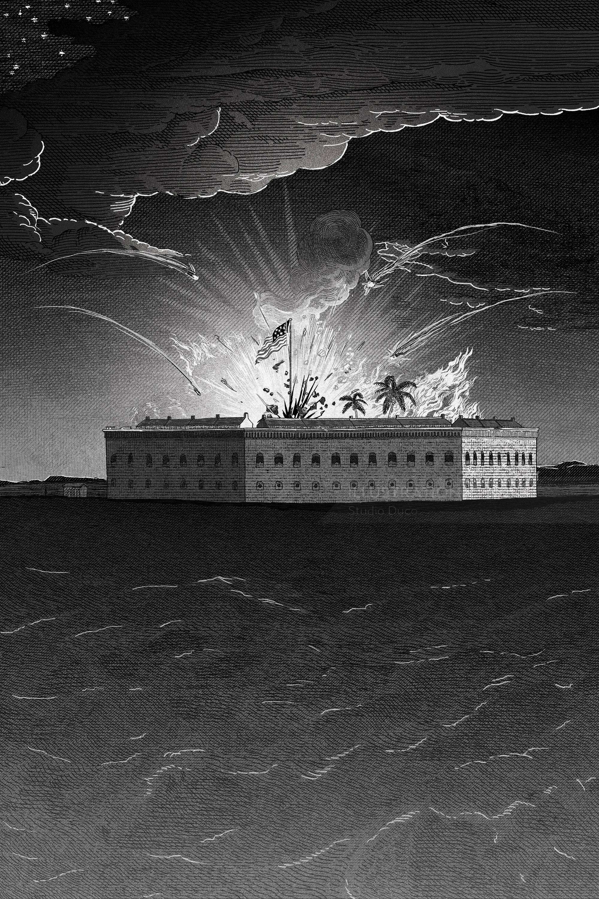 Studio Duco artwork of a rectangular building beneath storm clouds and a glowing horizon