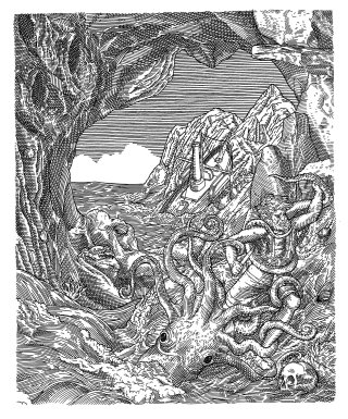 吉利亚特与巨型章鱼战斗的黑白插图