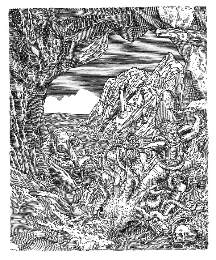 Gilliatt battles the giant octopus black and white illustration