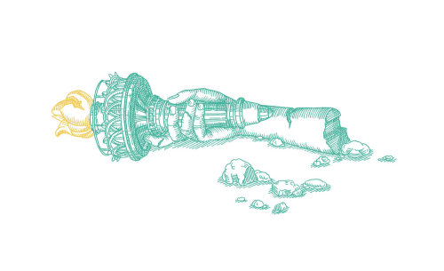 Graphic design of hand of statue of liberty broken