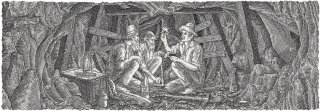 Ilustración en blanco y negro de personas en una cueva.
