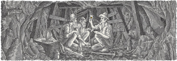 Black and white illustration of people in a cave