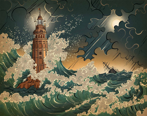 Editorial lighthouse with high waves
