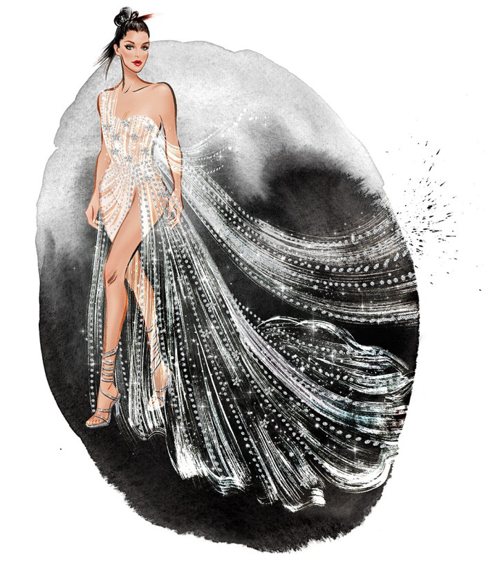 Fantasy girl wearing silver dress  mixed media illustration