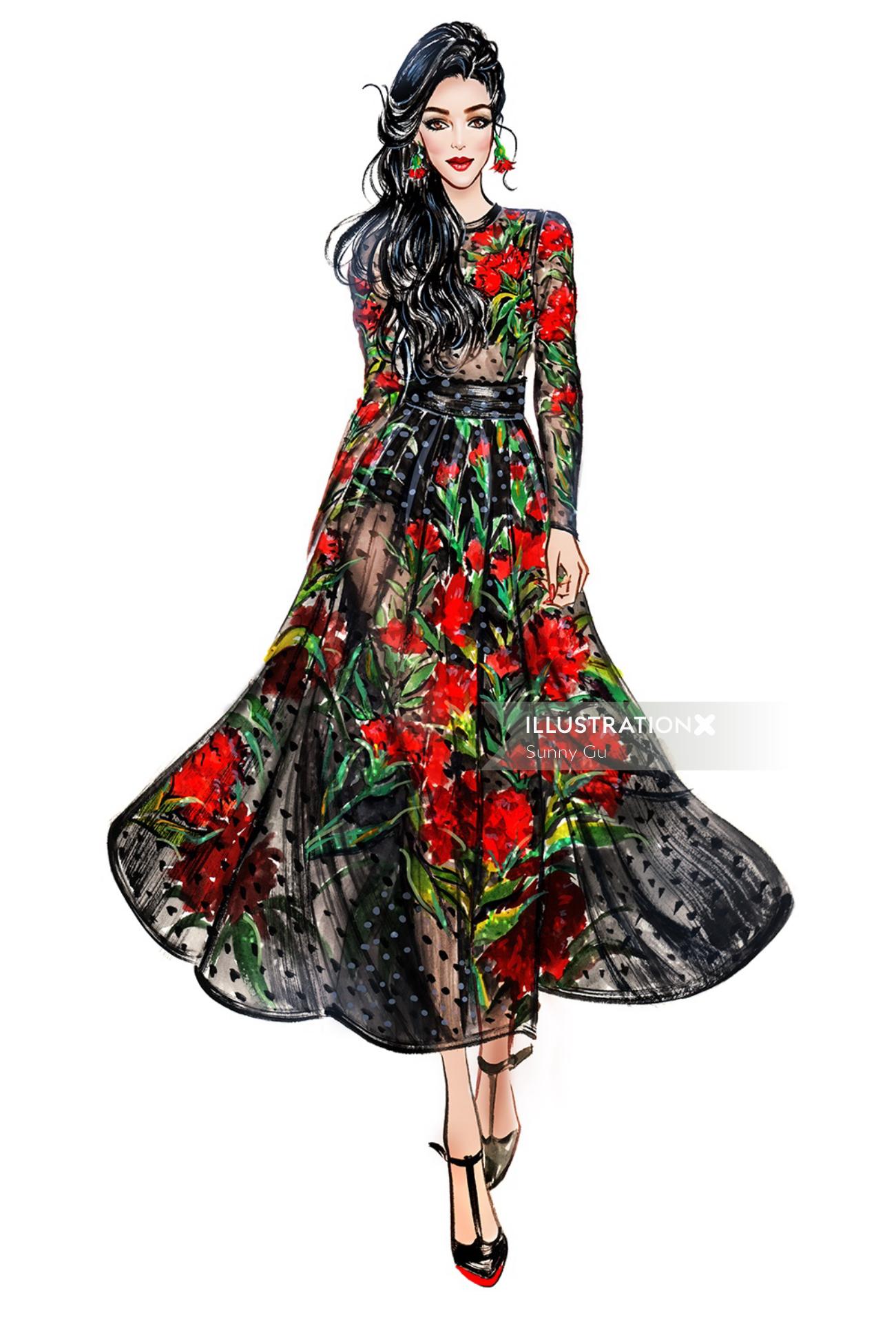 Menina da moda em vestido floral preto