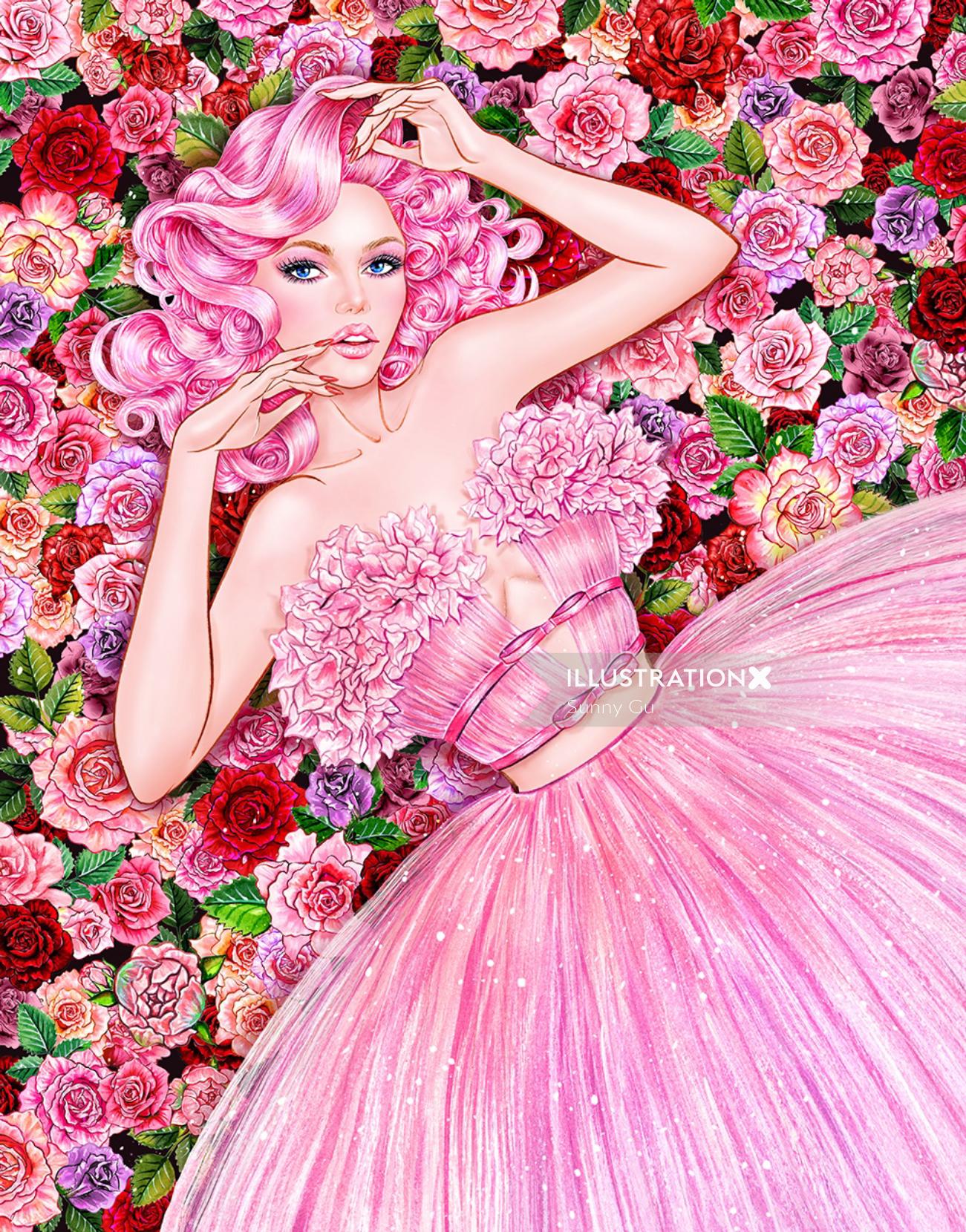 Ilustração em aquarela de garota de vestido rosa