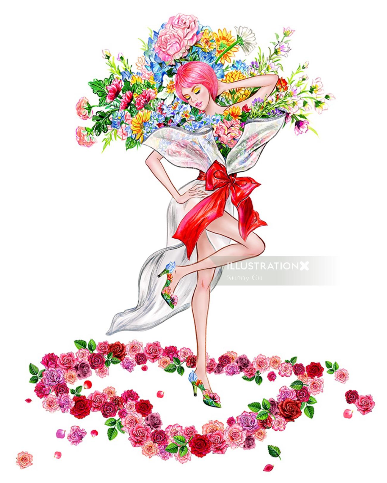 花のファッションの女の子の水彩イラスト