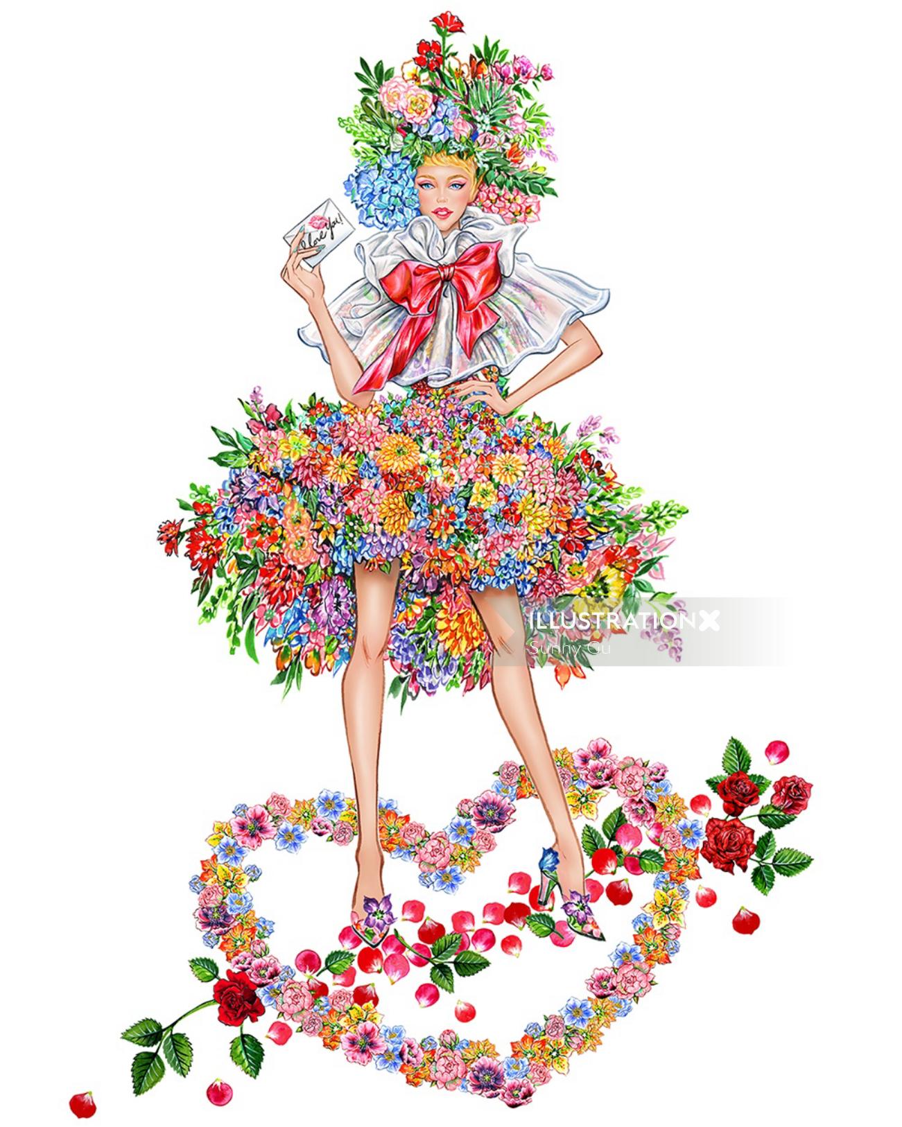 Ilustração de menina em vestido floral