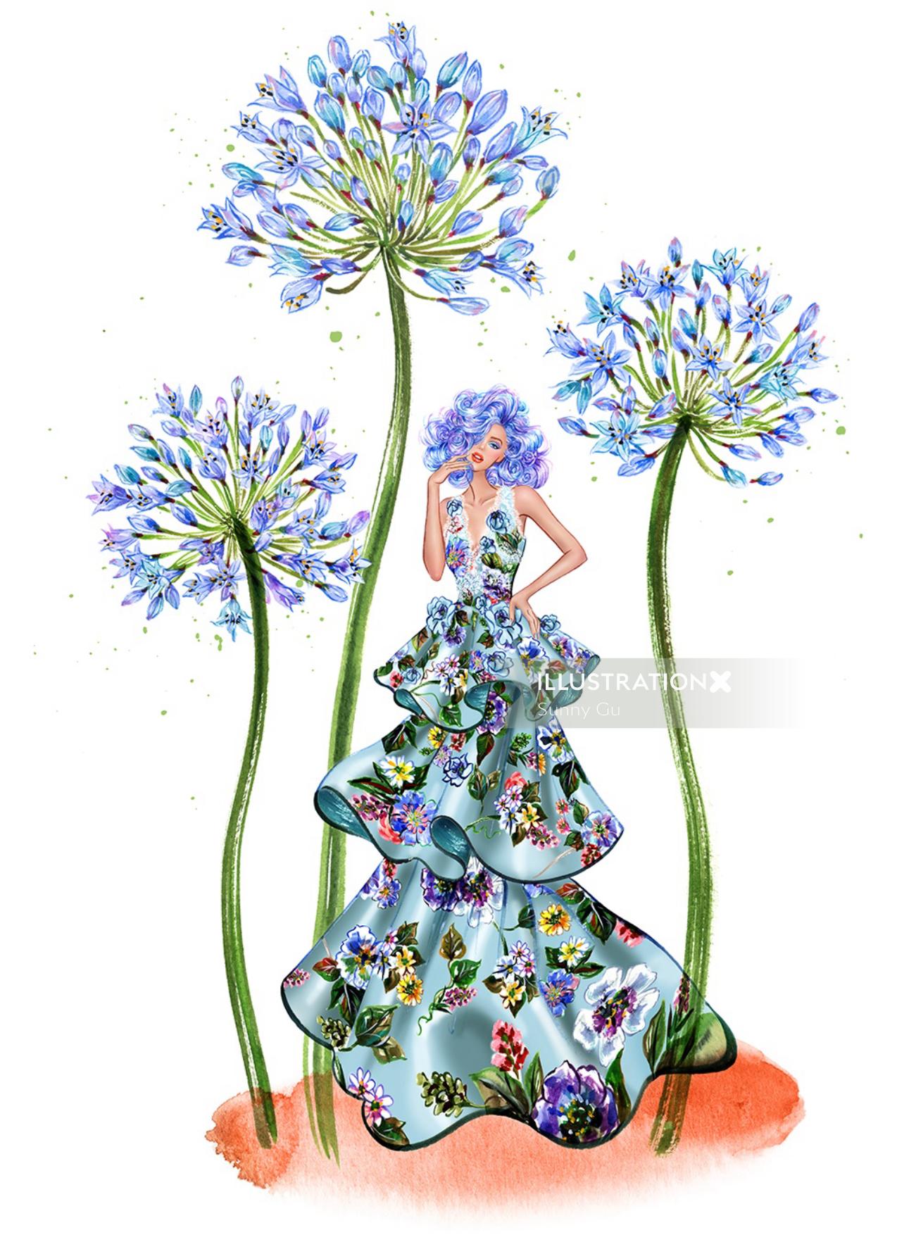 Menina na ilustração de vestido de alta costura azul