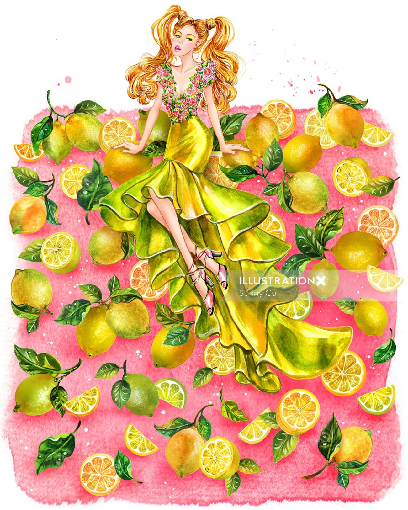 Garota na ilustração de moda vestido de alta costura amarela
