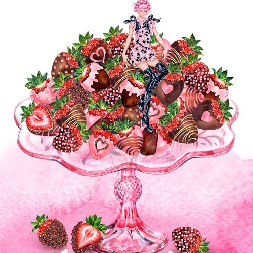 Girl sitting on strawberry cake top illustration