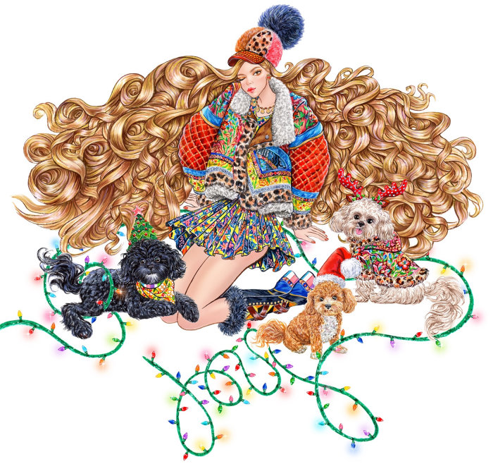 Fashion model is with cute puppies illustration