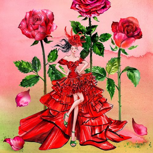 Red print floral girl line illustration