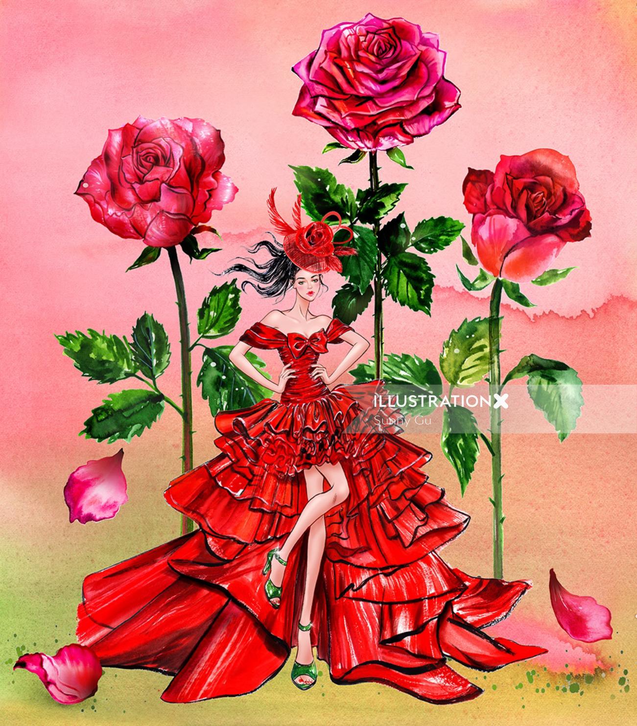 赤いプリント花柄の女の子のラインイラスト