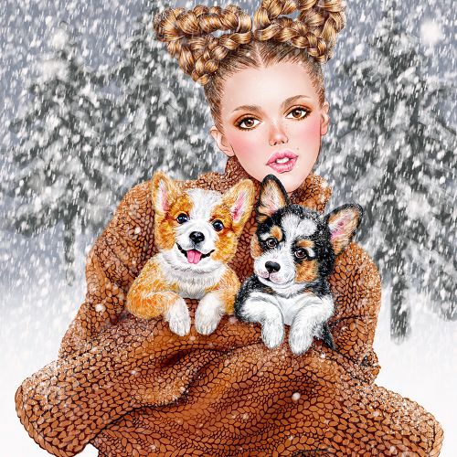 A young girl holding a cute puppy line illustration