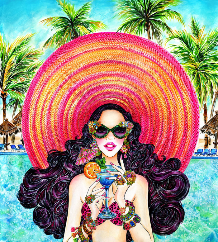 Glamorous lady having summer drink lifestyle illustration