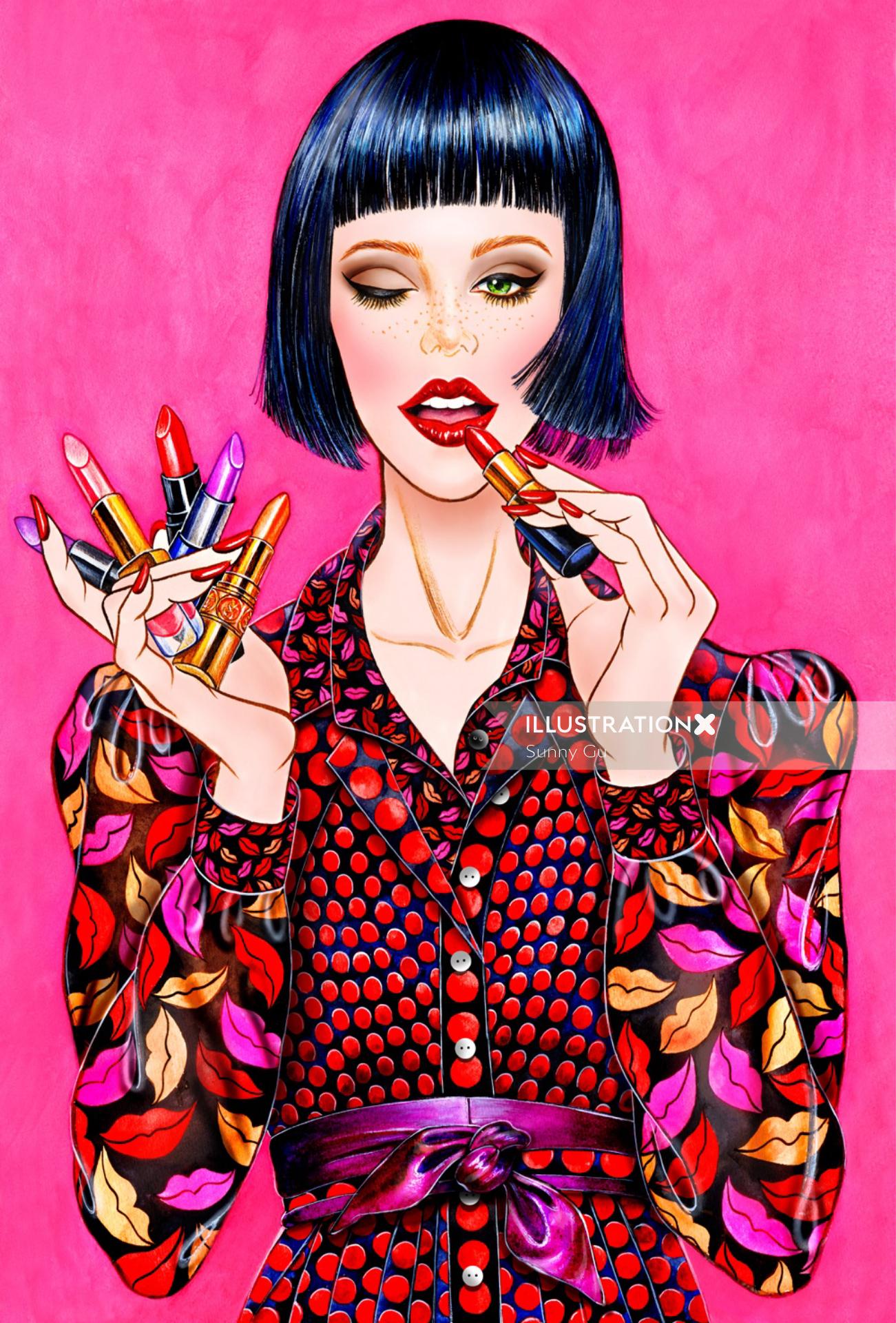Portrait of a woman applying lipsticks