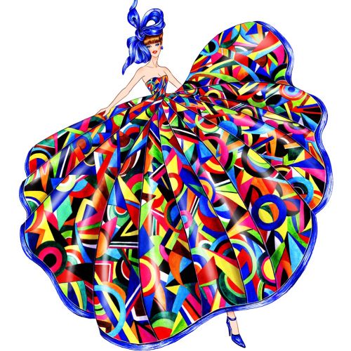 Fashion illustration of colorful Cinderella frock 
