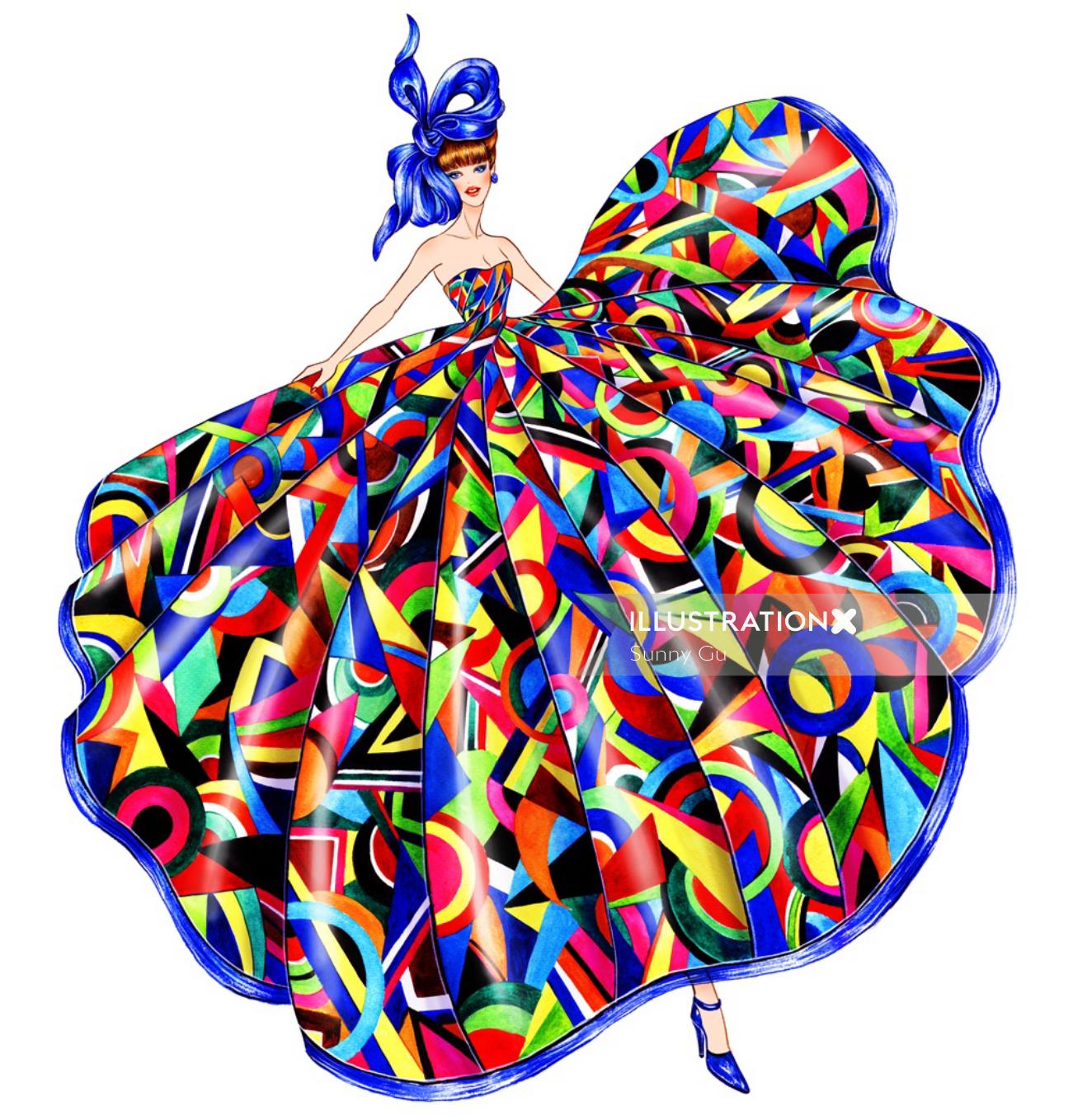 Ilustração de moda do vestido colorido da Cinderela