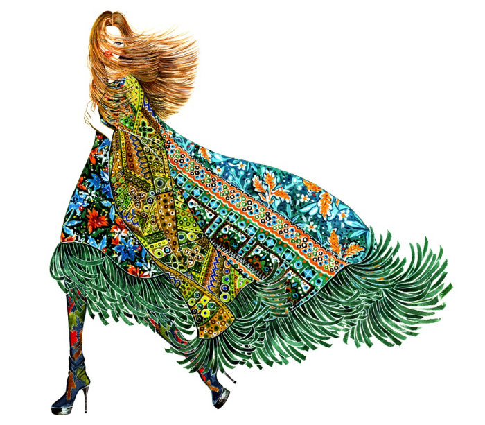 Fashion illustration of outfit design for windy days 