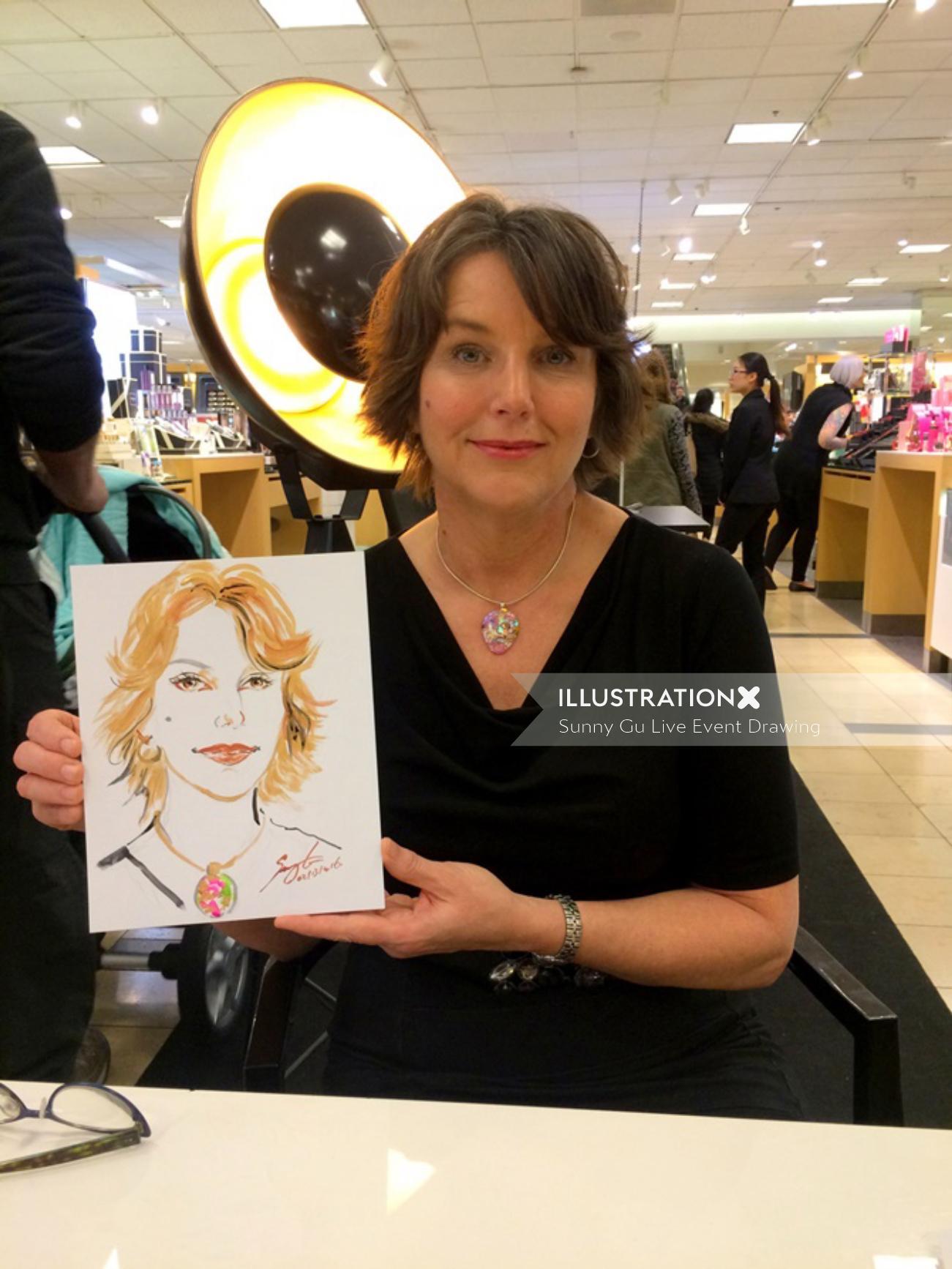 Live event drawing of woman with portrait
