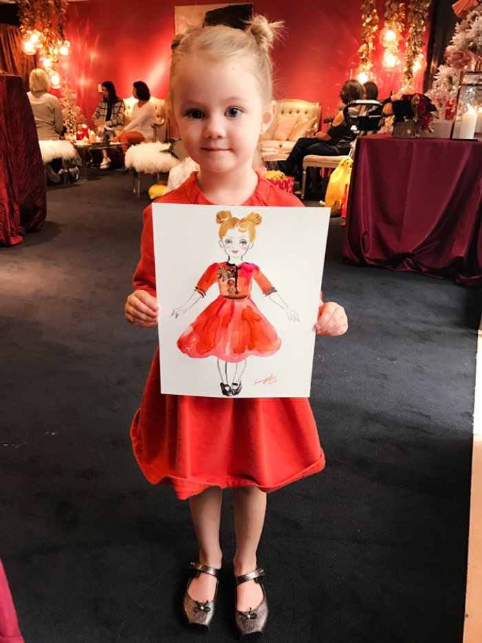 Dibujo de evento en vivo de una niña con vestido rojo