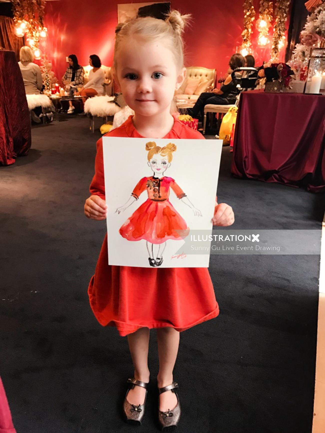 赤いドレスを着た少女のライブイベントの描画