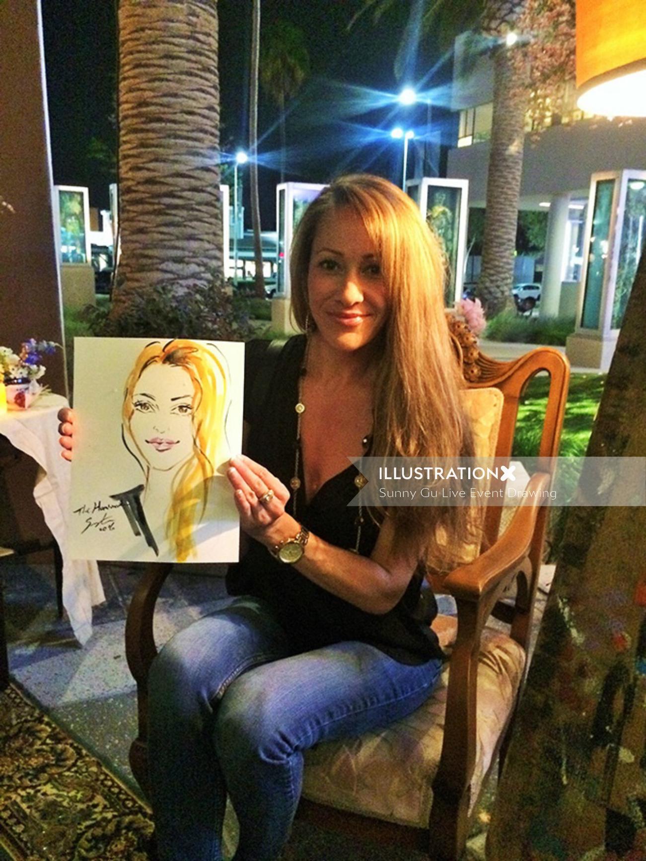 Live event drawing woman displaying her portrait
