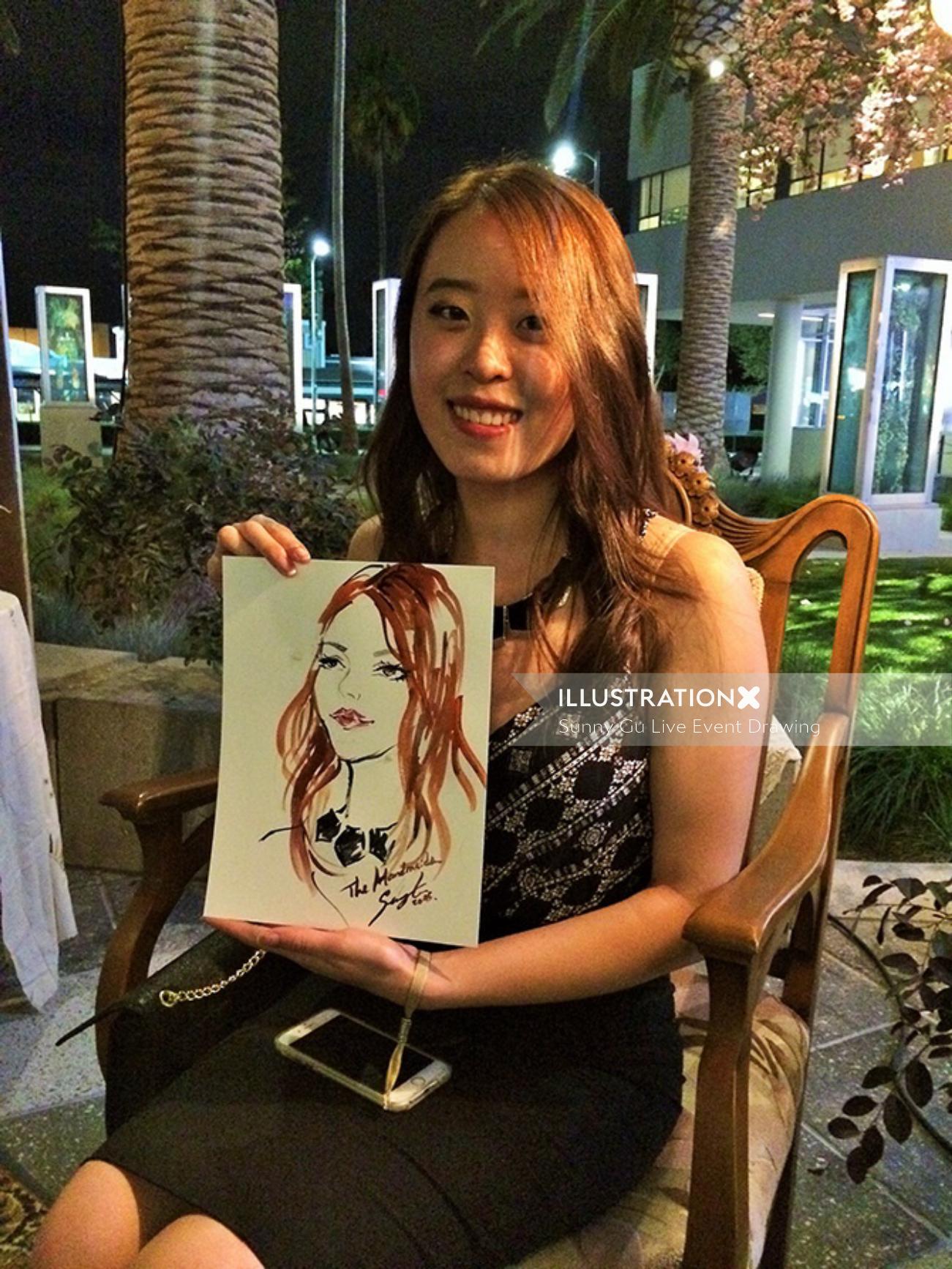 Live event drawing smiling girl with her portrait