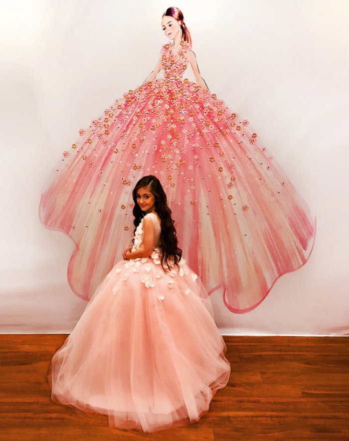 Hermoso vestido rosa diseñado por Sunny Gu