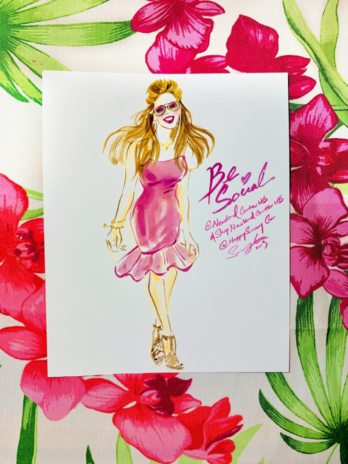 Ilustración de moda de niña en vestido rosa