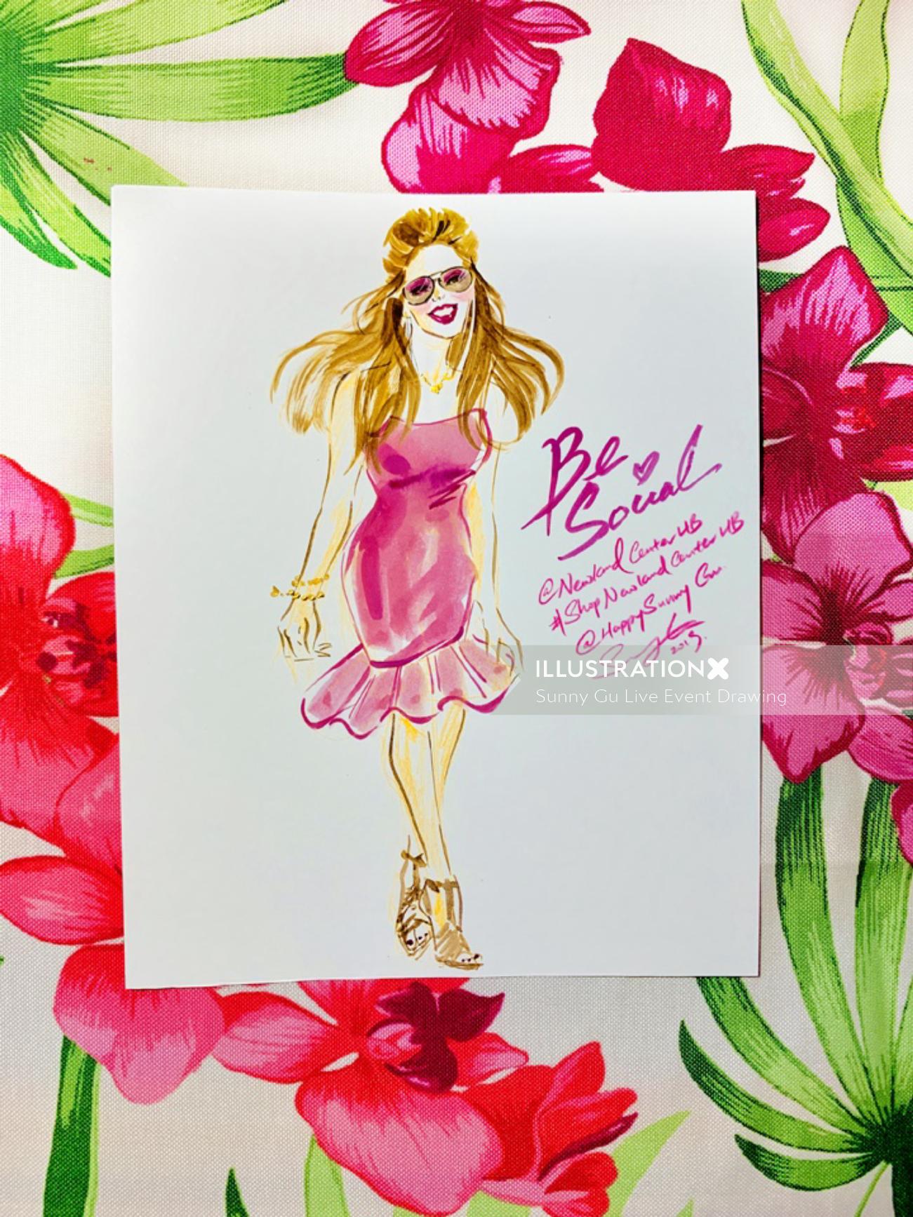 Illustration de mode de jeune fille en robe rose