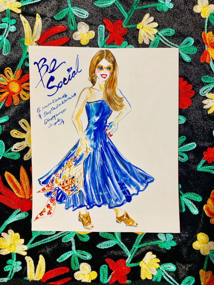 Fashion illustration of beautiful girl in blue gown 