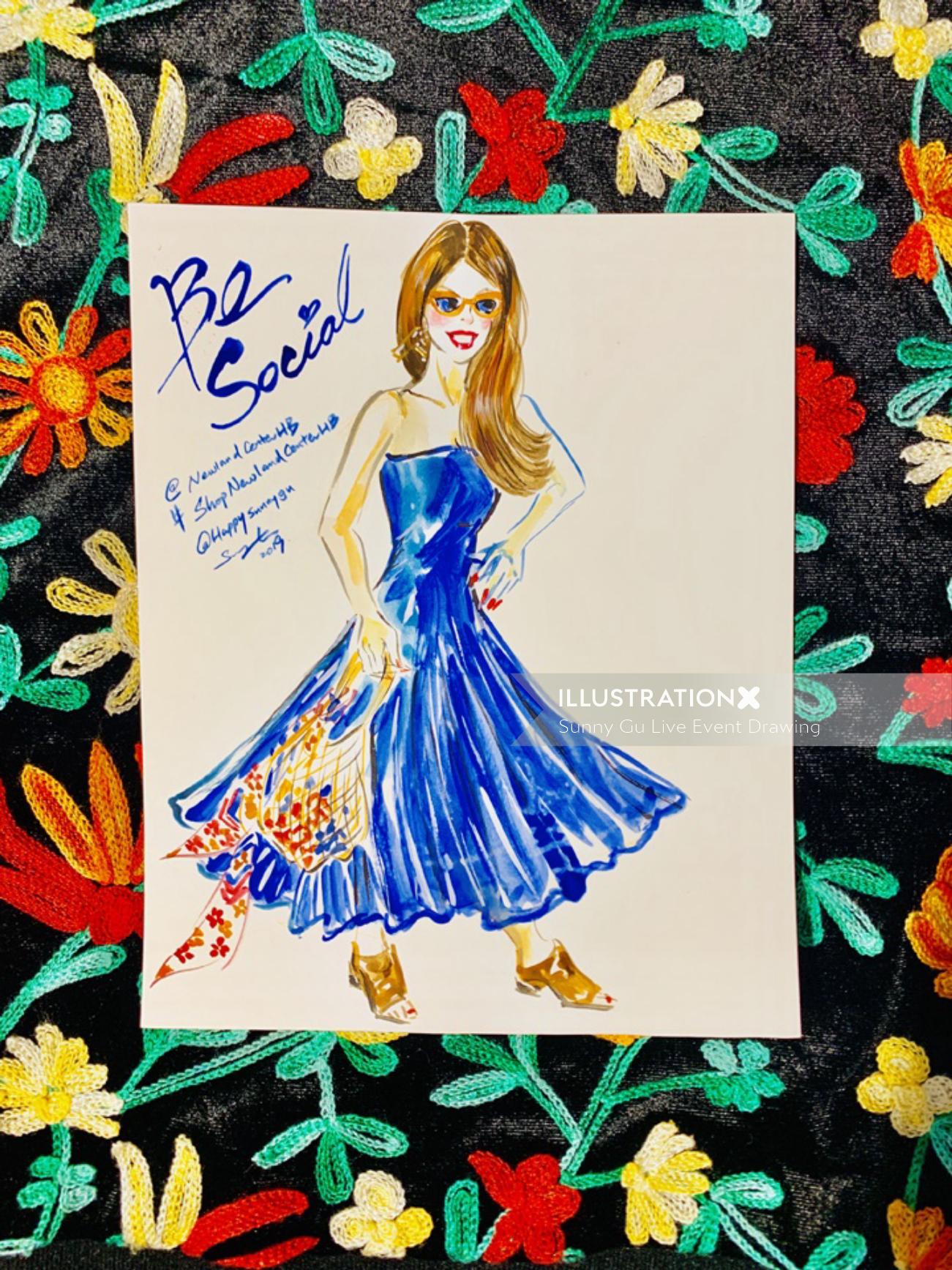 Fashion illustration of beautiful girl in blue gown 