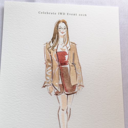 Watercolor painting of a woman in blazer and dress, by Sunwoo Mansour