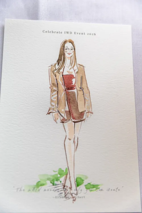 Watercolor painting of a woman in blazer and dress, by Sunwoo Mansour