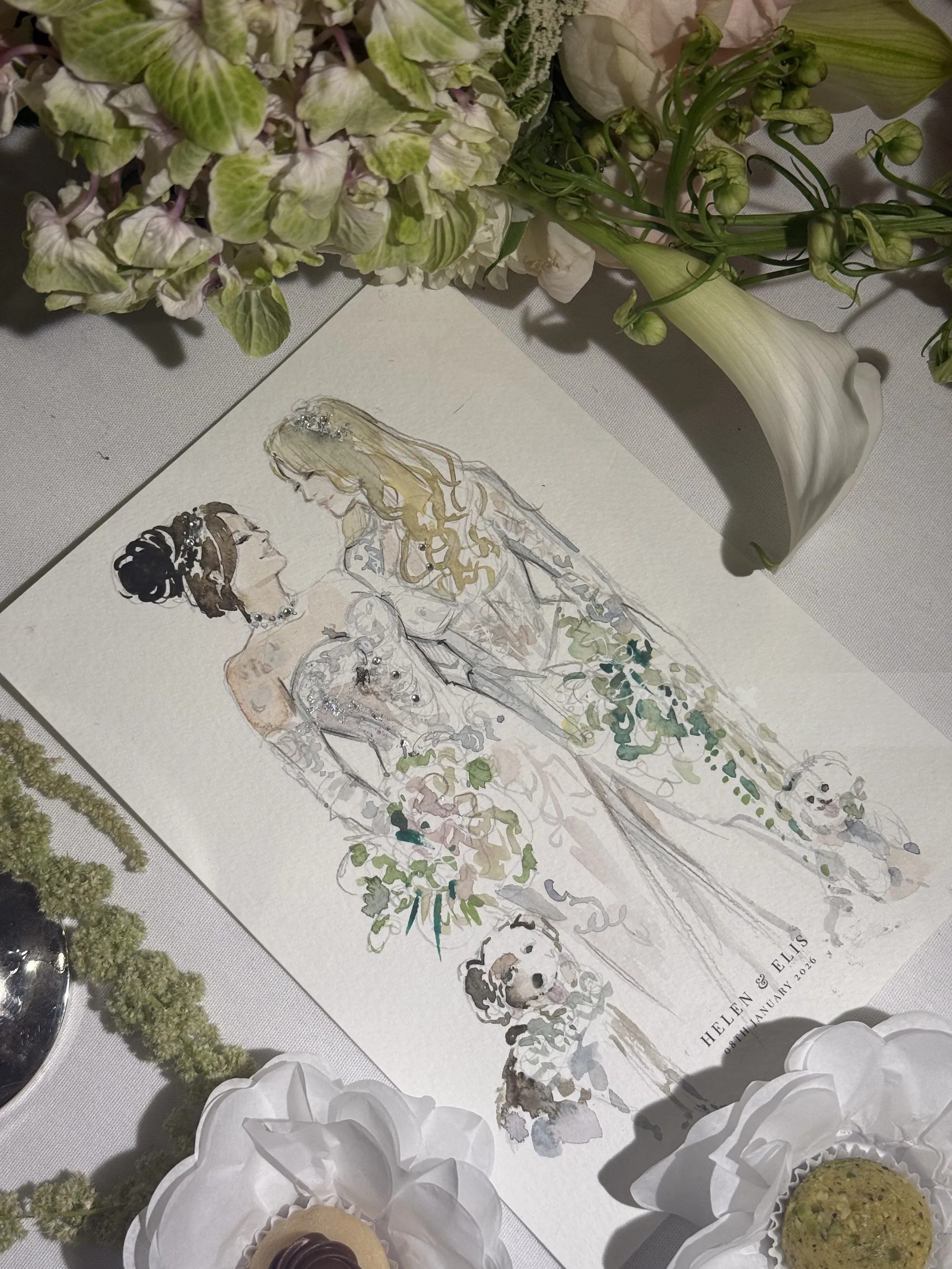 Wedding portrait illustration of a couple with floral details by Sunwoo Mansour