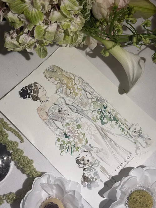 Wedding portrait illustration of a couple with floral details by Sunwoo Mansour