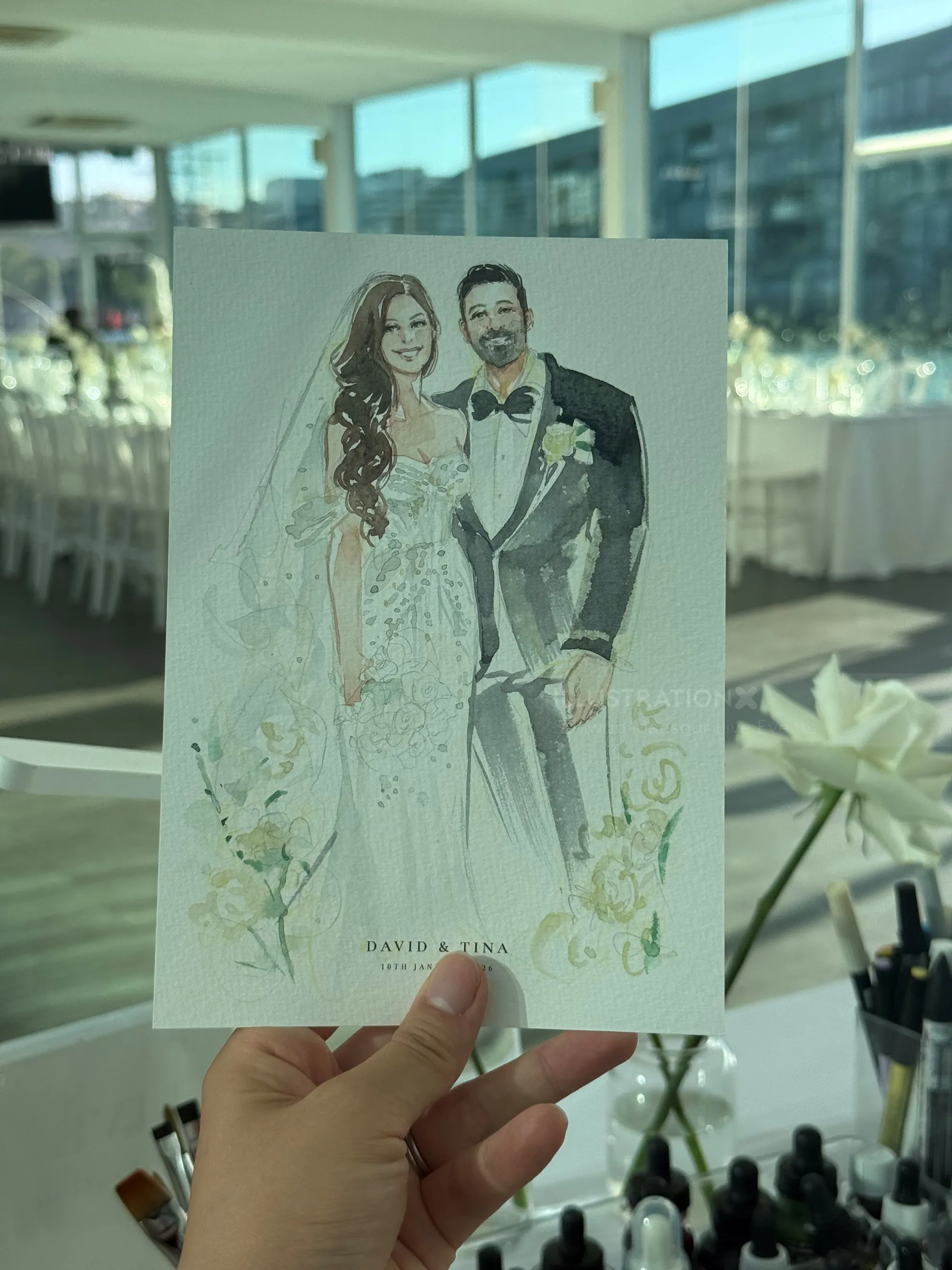 Live wedding illustration of bride and groom by Sunwoo Mansour