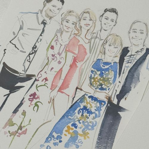Watercolor group portrait of five people dressed formally by Sunwoo Mansour