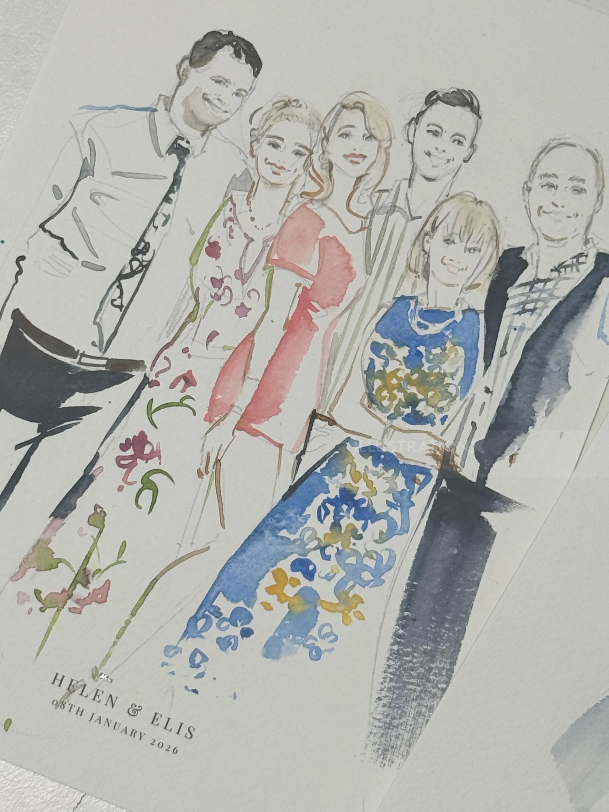 Watercolor group portrait of five people dressed formally by Sunwoo Mansour