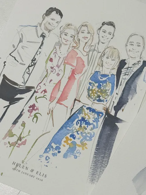 Watercolor group portrait of five people dressed formally by Sunwoo Mansour