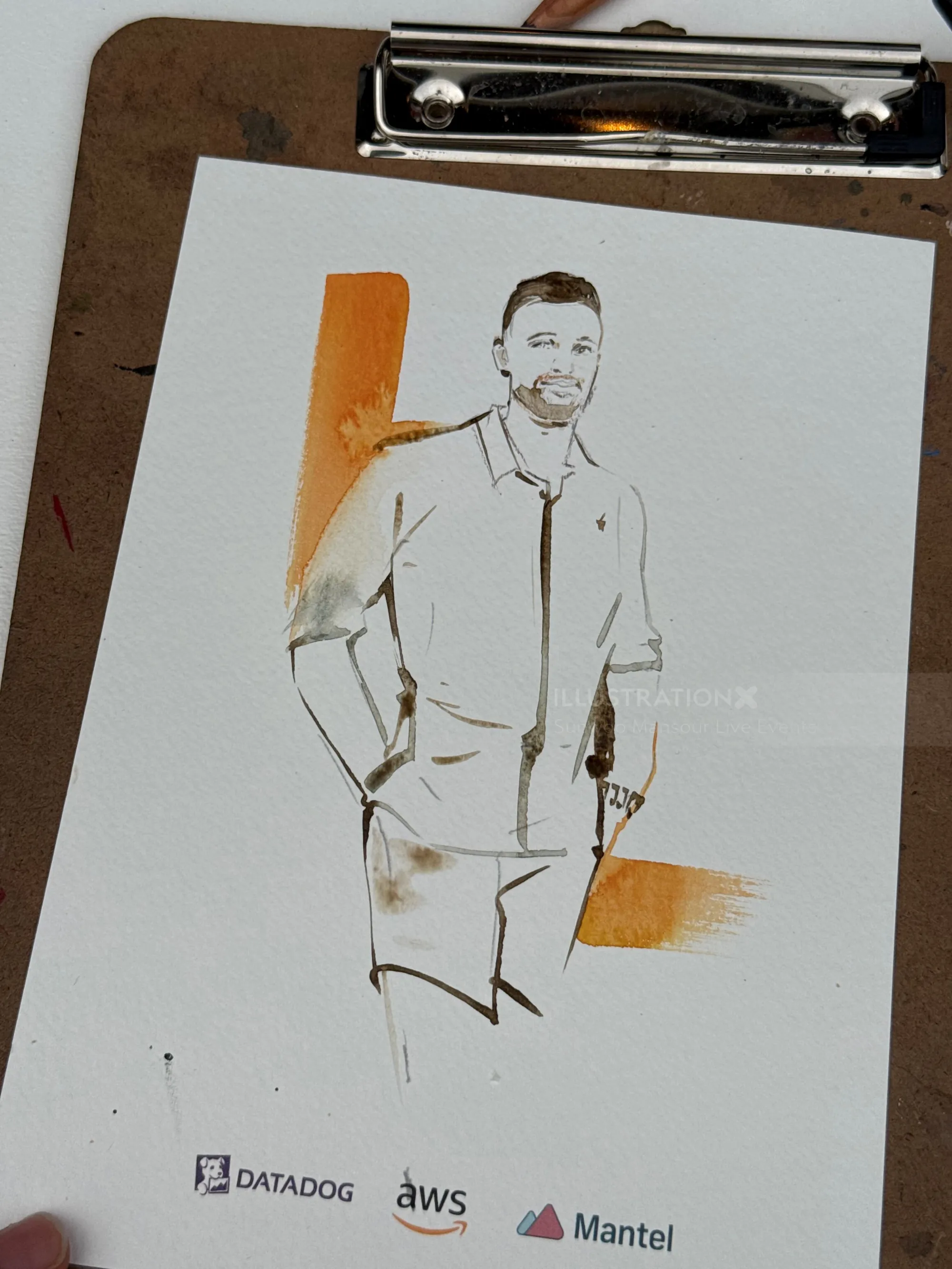 Live drawing of man in white shirt at Amazon party by Sunwoo Mansour