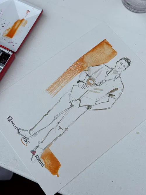 Live illustration sketch of person at Amazon White Out Party by Sunwoo Mansour