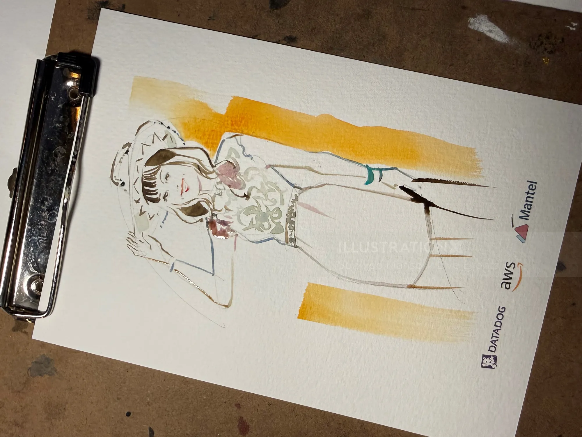 Fashion illustration of woman wearing a white dress and hat by Sunwoo Mansour