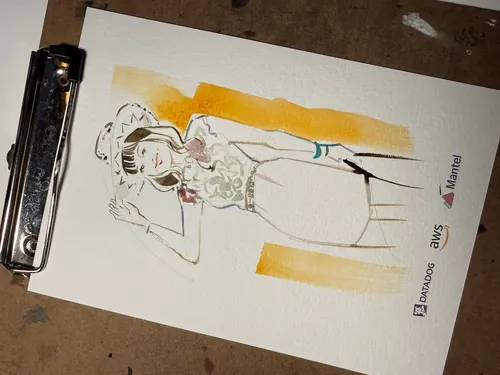 Fashion illustration of woman wearing a white dress and hat by Sunwoo Mansour