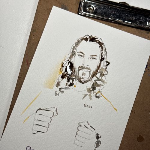 Live portrait sketch of a man with long hair at Amazon event by Sunwoo Mansour