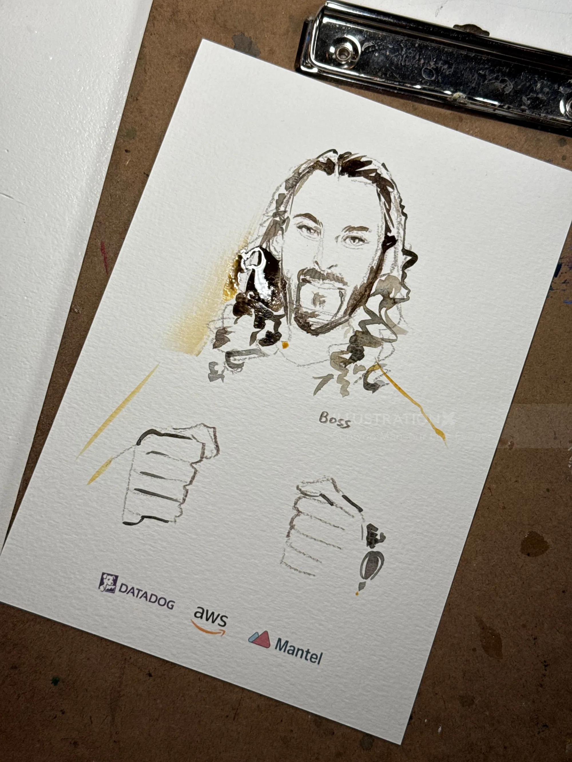 Live portrait sketch of a man with long hair at Amazon event by Sunwoo Mansour